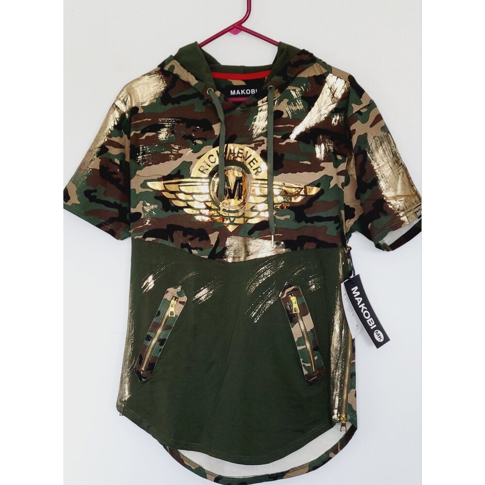 Makobi Mens StreetWear Rich 4 Ever Short Sleeve T-shirt Hoodie Camo/Gold SMALL